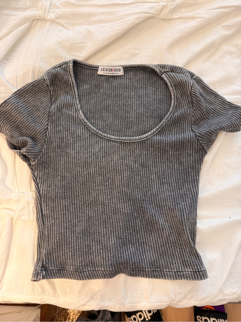 Fashion Nova Charcoal Ribbed Scoop Neck Short Sleeve Top
